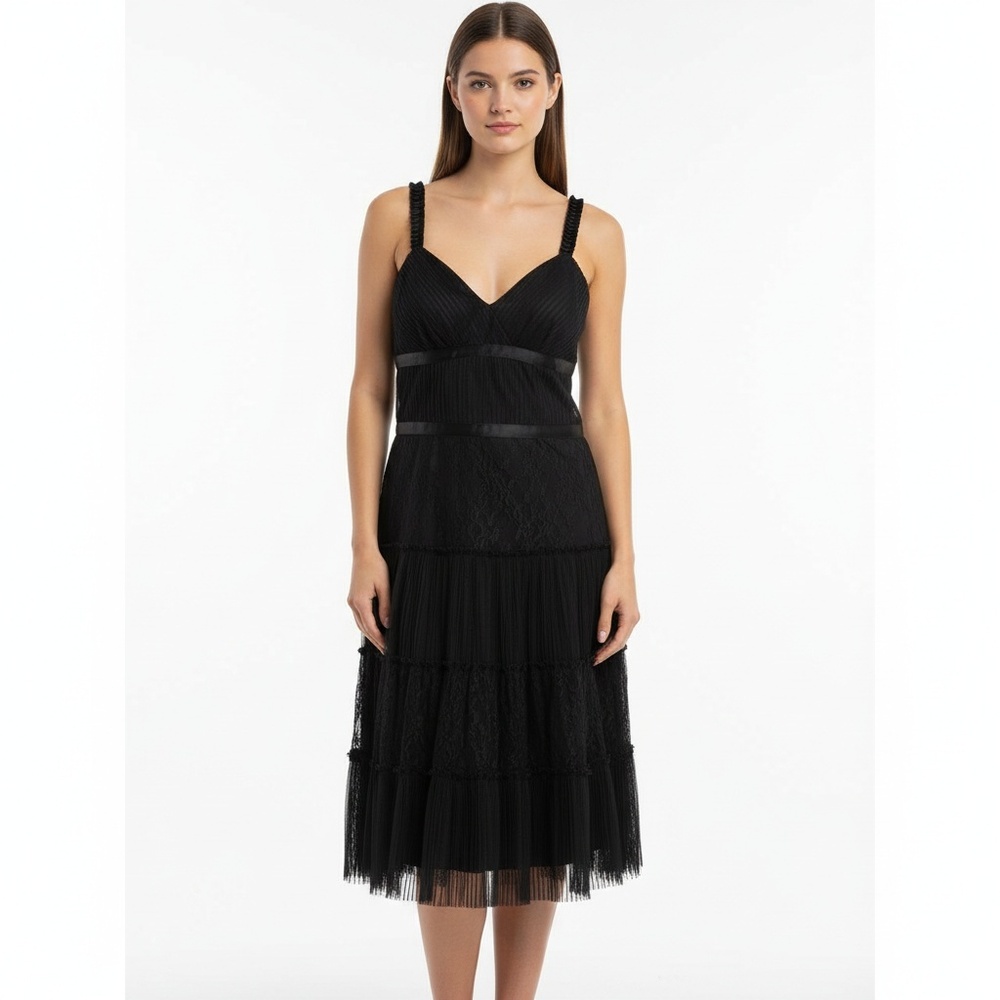 ANTONIO MELANI black fitted pleated bodice sweetheart neckline tulle skirt Sz 10